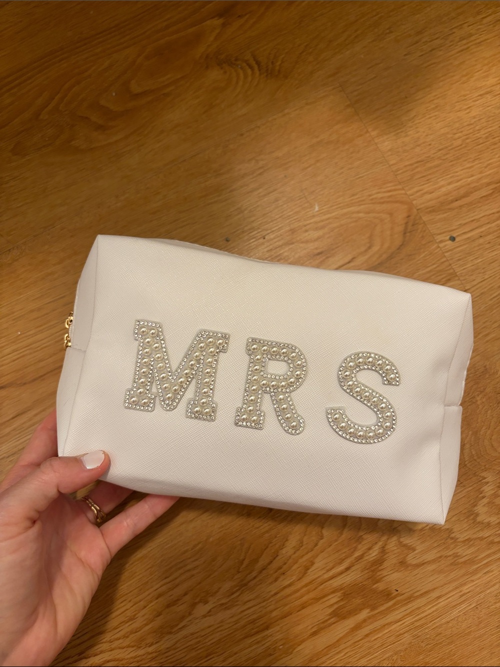Mrs. Embellished White Cosmetic Pouch